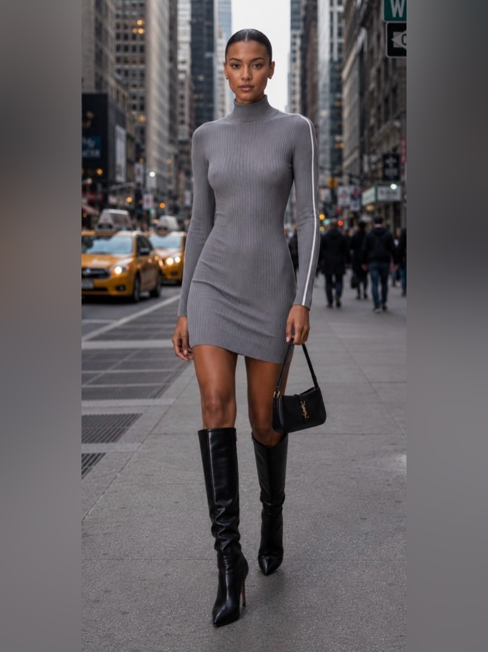 Zara High Neck Ribbed Knit Fitted Mini Dress Gray Size XS Long Sleeves
